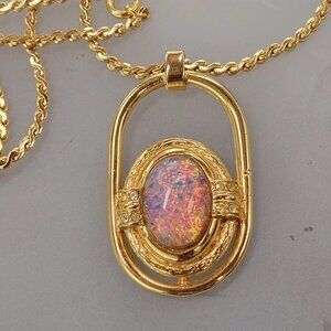 Large Pink Faux Opal and Clear Rhinestone Pendant Necklace